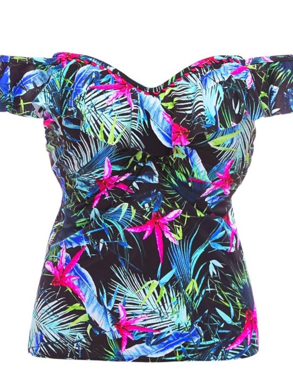 Freya Black Jungle Flower Tropical Floral Off-Shoulder Tankini Top 32H